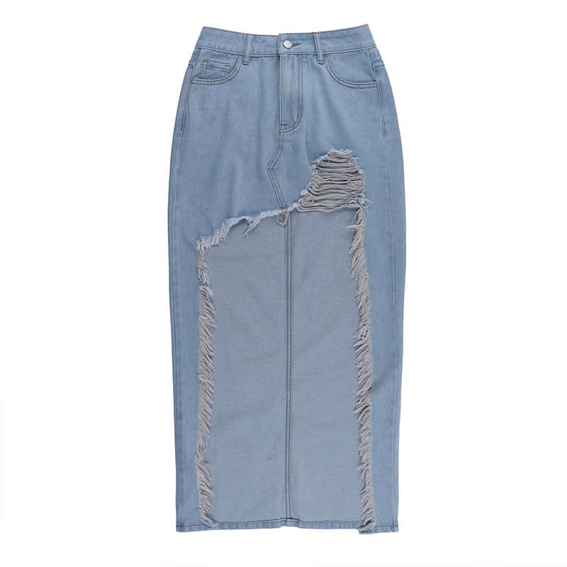 Edgy High-Waisted Distressed Denim Maxi Skirt with Bold Front Slit – Fall Fashion Ready