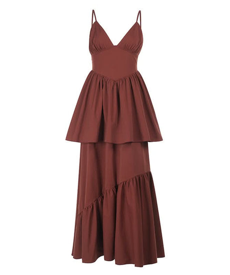 Fall Chic Terracotta Tiered Maxi Dress - Women's Ruched V-Neck Cami