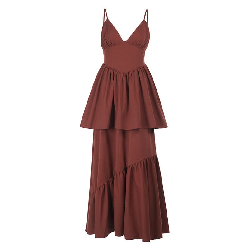 Fall Chic Terracotta Tiered Maxi Dress - Women's Ruched V-Neck Cami