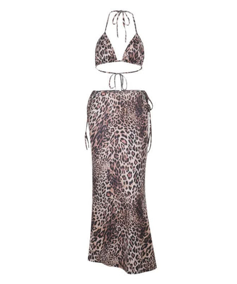 Glamorous Leopard Print Halter Crop Top & Maxi Skirt Set - Fall Resort & Vacation Ready