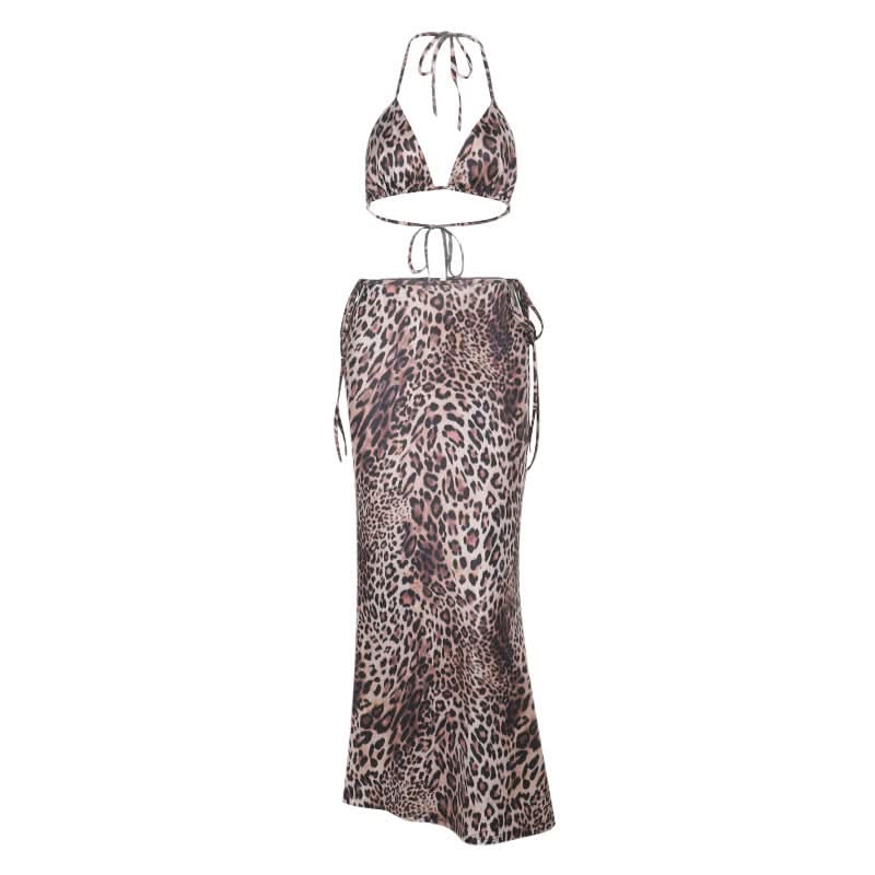 Glamorous Leopard Print Halter Crop Top & Maxi Skirt Set - Fall Resort & Vacation Ready