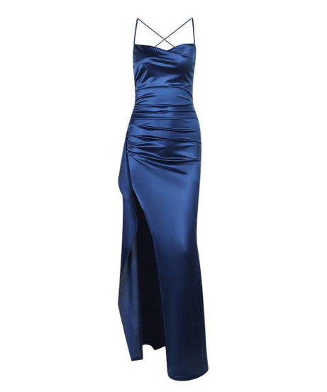 Midnight Blue Glamour: Ruched Satin Slit Maxi Dress – Your Go-To for Holiday Parties & New Year's Eve
