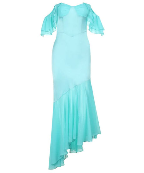 Ocean Siren Aqua Satin Off-Shoulder Maxi Dress - Fall Getaway & Holiday Soiree Glamour