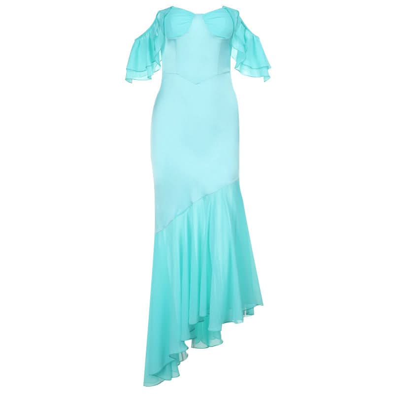 Ocean Siren Aqua Satin Off-Shoulder Maxi Dress - Fall Getaway & Holiday Soiree Glamour