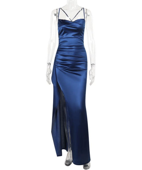 Midnight Blue Glamour: Ruched Satin Slit Maxi Dress – Your Go-To for Holiday Parties & New Year's Eve