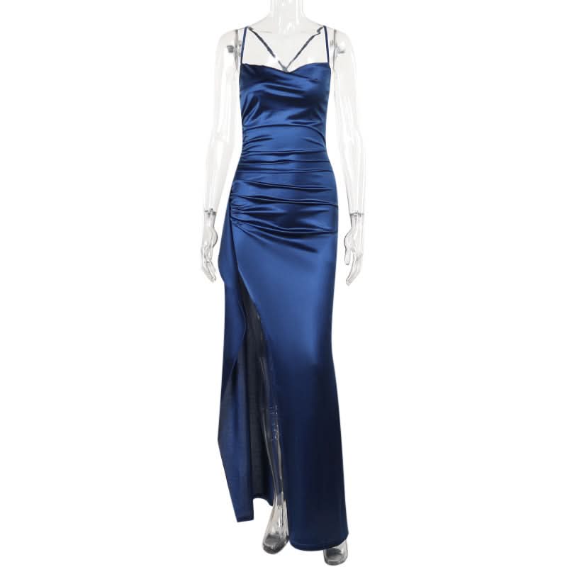 Midnight Blue Glamour: Ruched Satin Slit Maxi Dress – Your Go-To for Holiday Parties & New Year's Eve