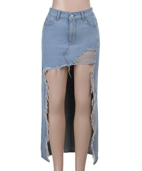 Edgy High-Waisted Distressed Denim Maxi Skirt with Bold Front Slit – Fall Fashion Ready