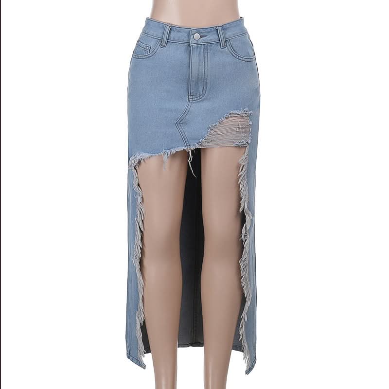 Edgy High-Waisted Distressed Denim Maxi Skirt with Bold Front Slit – Fall Fashion Ready