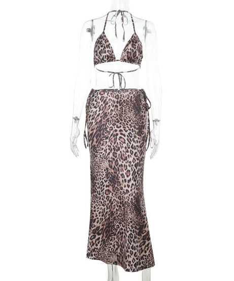 Glamorous Leopard Print Halter Crop Top & Maxi Skirt Set - Fall Resort & Vacation Ready