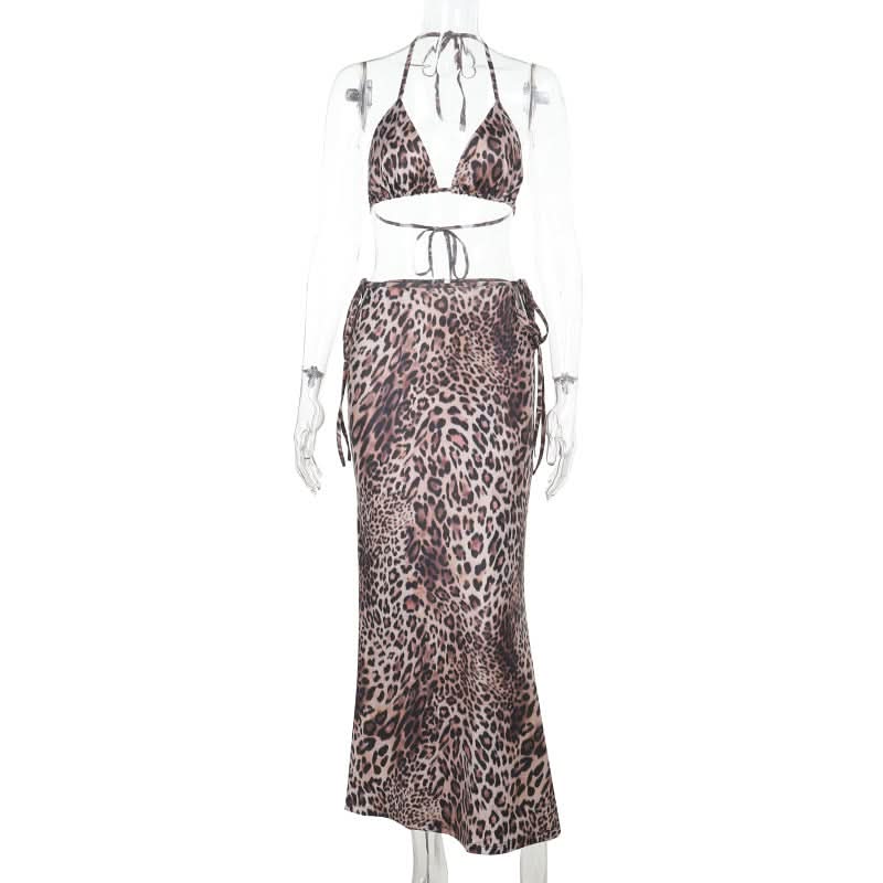 Glamorous Leopard Print Halter Crop Top & Maxi Skirt Set - Fall Resort & Vacation Ready