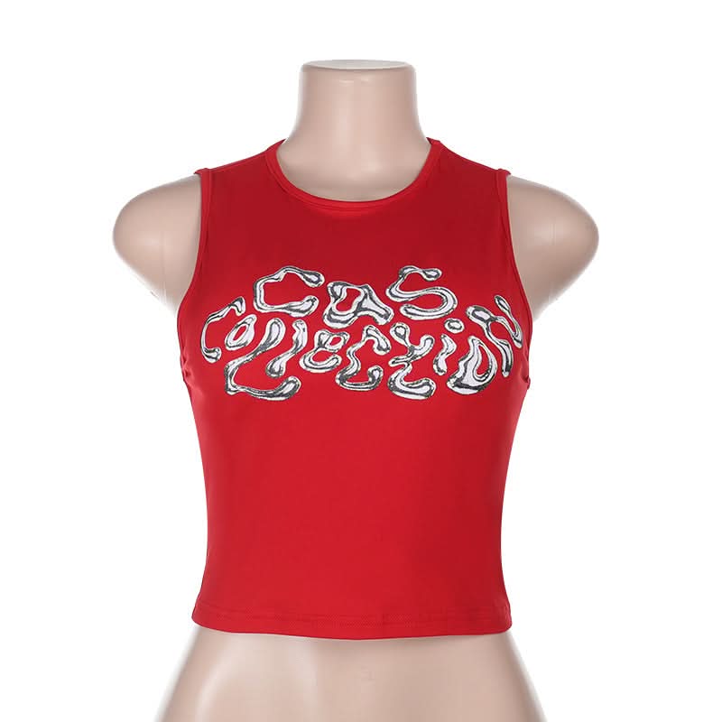 Gas Goddess Metallic Graphic Crop Top | Fiery Red Y2K Style for Fall & Halloween