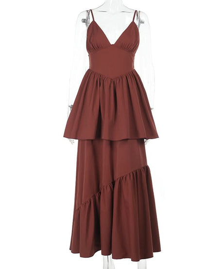 Fall Chic Terracotta Tiered Maxi Dress - Women's Ruched V-Neck Cami
