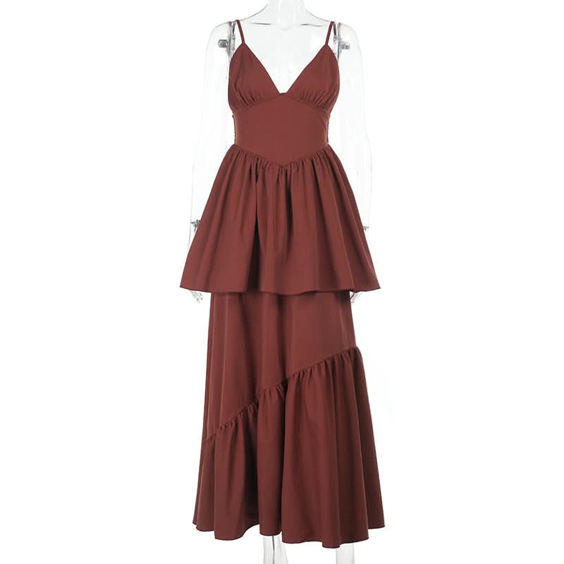 Fall Chic Terracotta Tiered Maxi Dress - Women's Ruched V-Neck Cami