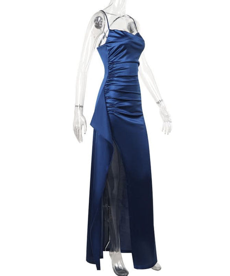 Midnight Blue Glamour: Ruched Satin Slit Maxi Dress – Your Go-To for Holiday Parties & New Year's Eve
