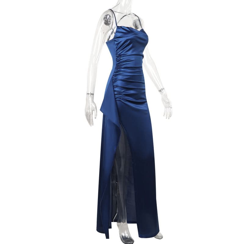 Midnight Blue Glamour: Ruched Satin Slit Maxi Dress – Your Go-To for Holiday Parties & New Year's Eve