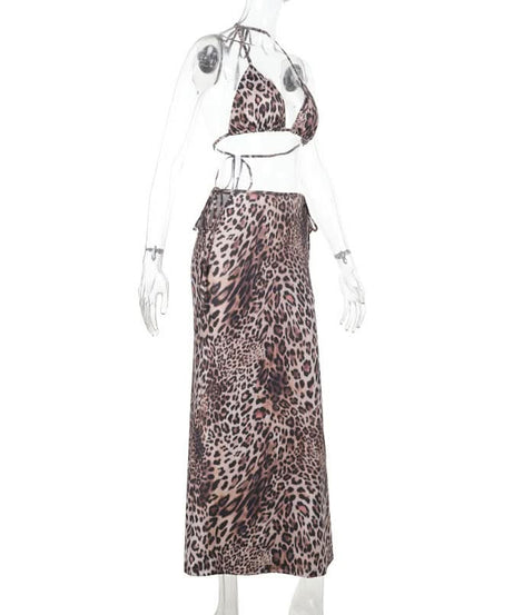 Glamorous Leopard Print Halter Crop Top & Maxi Skirt Set - Fall Resort & Vacation Ready
