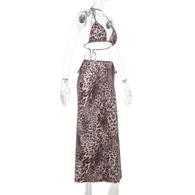Glamorous Leopard Print Halter Crop Top & Maxi Skirt Set - Fall Resort & Vacation Ready