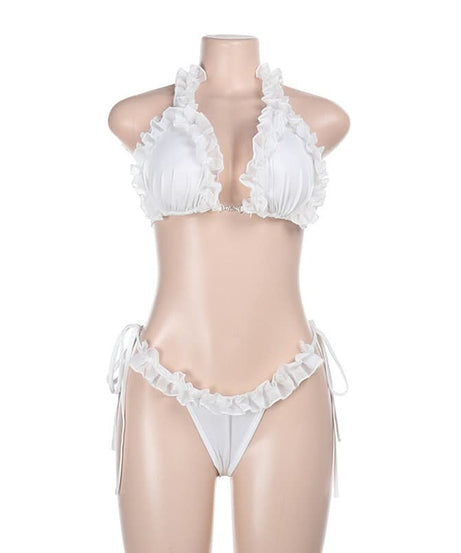 Coastal Chic White Ruffle Halter Tie-Side Bikini Set - Perfect for Your Fall Getaway & Resort Vacations