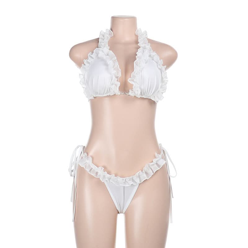 Coastal Chic White Ruffle Halter Tie-Side Bikini Set - Perfect for Your Fall Getaway & Resort Vacations