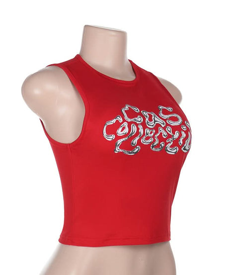 Gas Goddess Metallic Graphic Crop Top | Fiery Red Y2K Style for Fall & Halloween