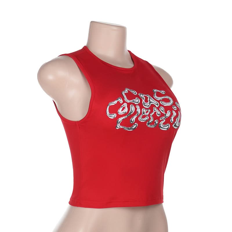 Gas Goddess Metallic Graphic Crop Top | Fiery Red Y2K Style for Fall & Halloween