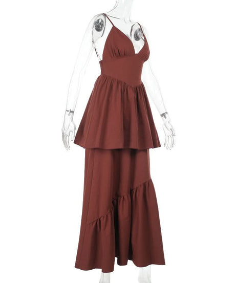 Fall Chic Terracotta Tiered Maxi Dress - Women's Ruched V-Neck Cami