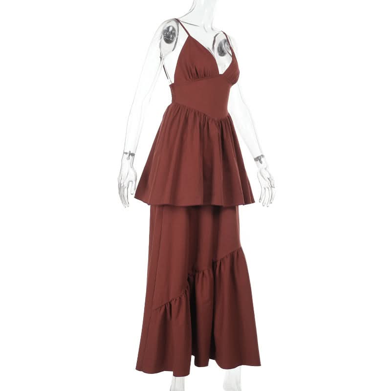 Fall Chic Terracotta Tiered Maxi Dress - Women's Ruched V-Neck Cami