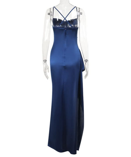 Midnight Blue Glamour: Ruched Satin Slit Maxi Dress – Your Go-To for Holiday Parties & New Year's Eve