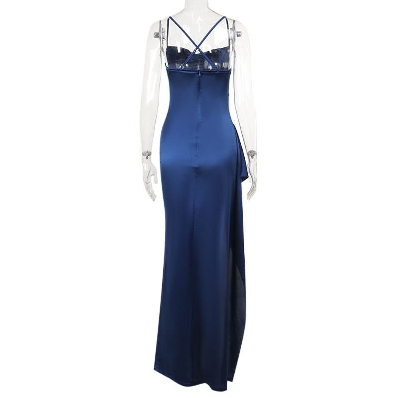 Midnight Blue Glamour: Ruched Satin Slit Maxi Dress – Your Go-To for Holiday Parties & New Year's Eve