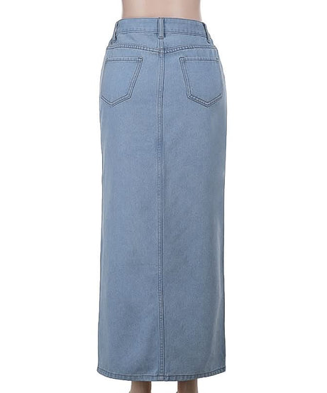 Edgy High-Waisted Distressed Denim Maxi Skirt with Bold Front Slit – Fall Fashion Ready