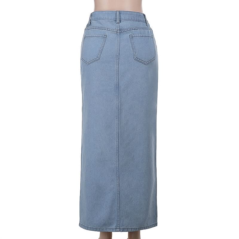 Edgy High-Waisted Distressed Denim Maxi Skirt with Bold Front Slit – Fall Fashion Ready