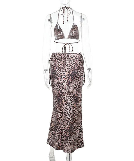 Glamorous Leopard Print Halter Crop Top & Maxi Skirt Set - Fall Resort & Vacation Ready