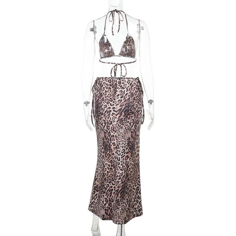 Glamorous Leopard Print Halter Crop Top & Maxi Skirt Set - Fall Resort & Vacation Ready