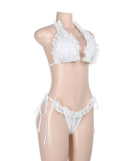 Coastal Chic White Ruffle Halter Tie-Side Bikini Set - Perfect for Your Fall Getaway & Resort Vacations