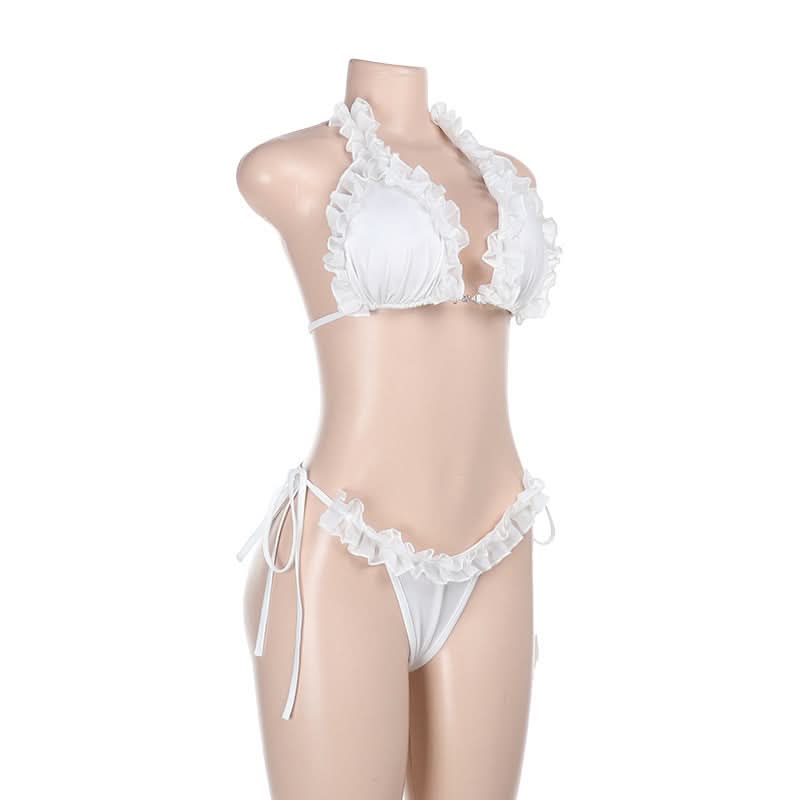 Coastal Chic White Ruffle Halter Tie-Side Bikini Set - Perfect for Your Fall Getaway & Resort Vacations