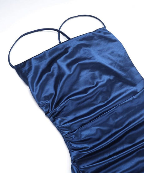 Midnight Blue Glamour: Ruched Satin Slit Maxi Dress – Your Go-To for Holiday Parties & New Year's Eve