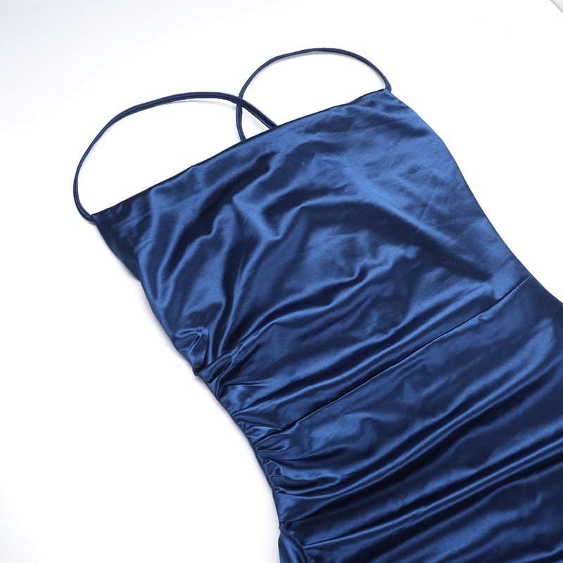 Midnight Blue Glamour: Ruched Satin Slit Maxi Dress – Your Go-To for Holiday Parties & New Year's Eve