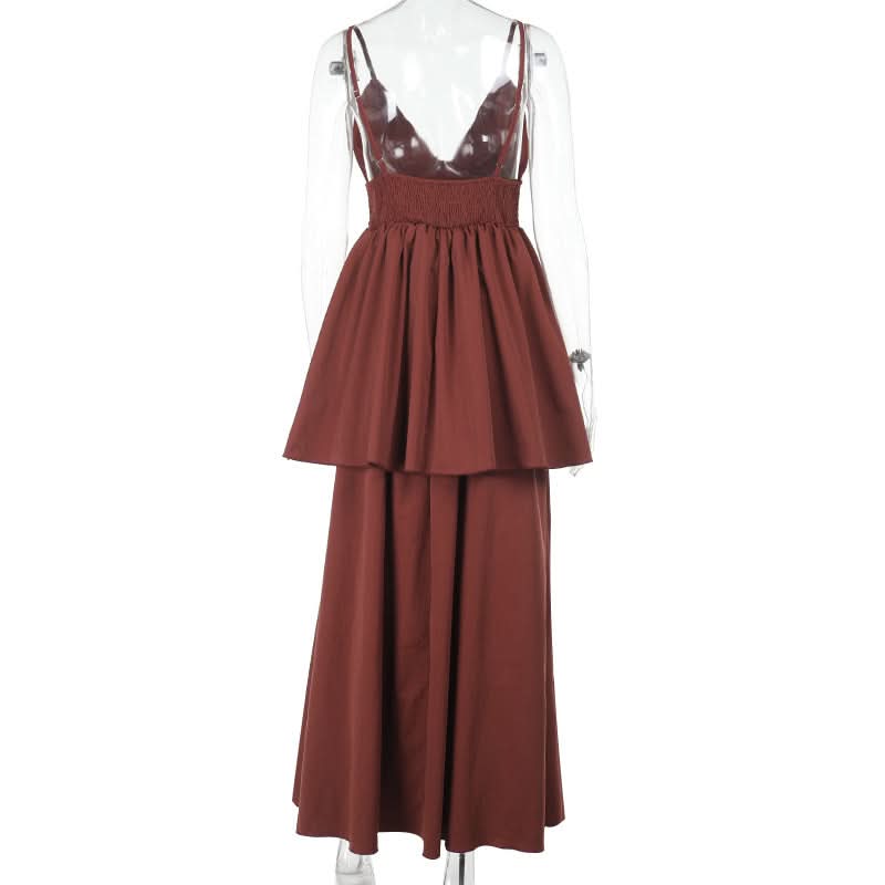 Fall Chic Terracotta Tiered Maxi Dress - Women's Ruched V-Neck Cami