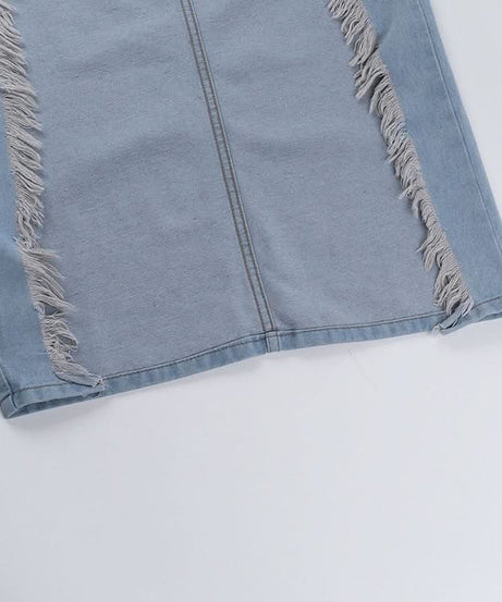 Edgy High-Waisted Distressed Denim Maxi Skirt with Bold Front Slit – Fall Fashion Ready