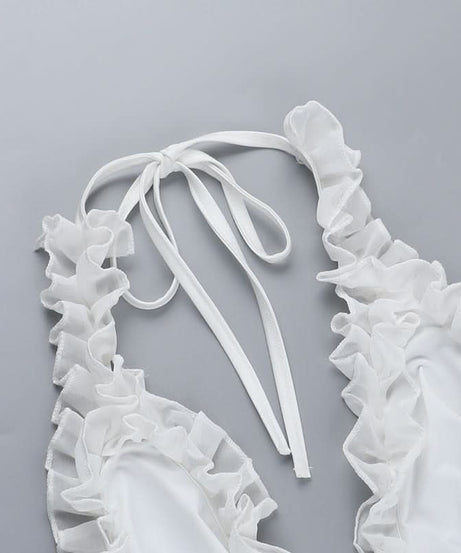 Coastal Chic White Ruffle Halter Tie-Side Bikini Set - Perfect for Your Fall Getaway & Resort Vacations