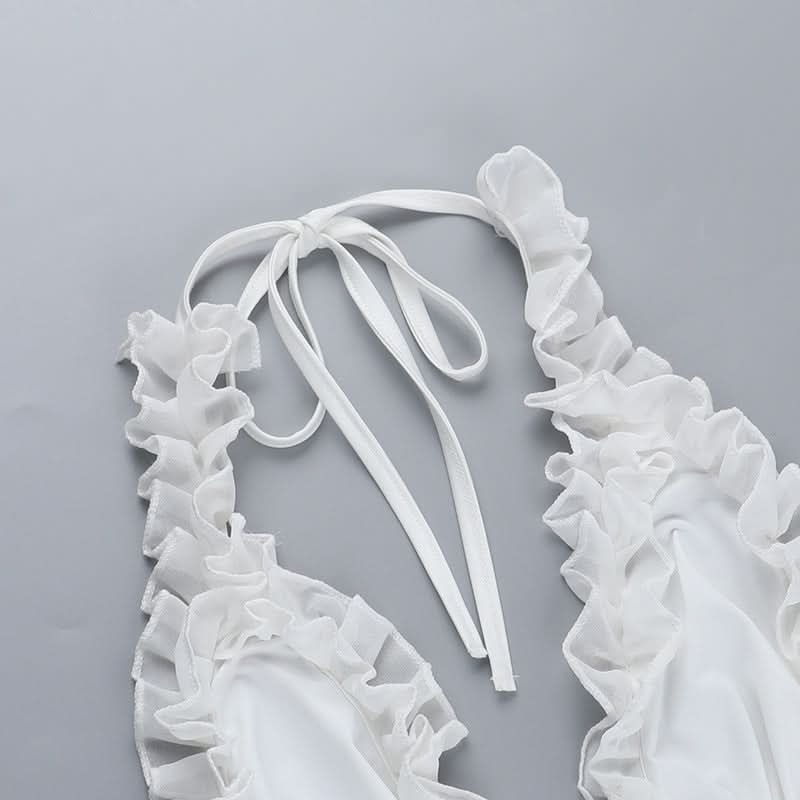 Coastal Chic White Ruffle Halter Tie-Side Bikini Set - Perfect for Your Fall Getaway & Resort Vacations
