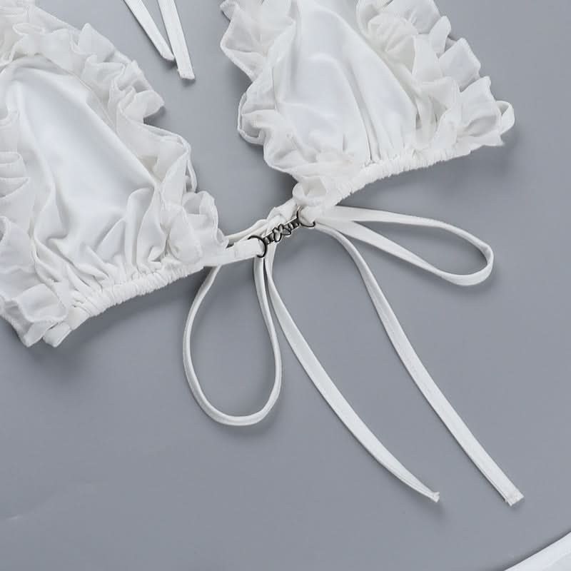 Coastal Chic White Ruffle Halter Tie-Side Bikini Set - Perfect for Your Fall Getaway & Resort Vacations