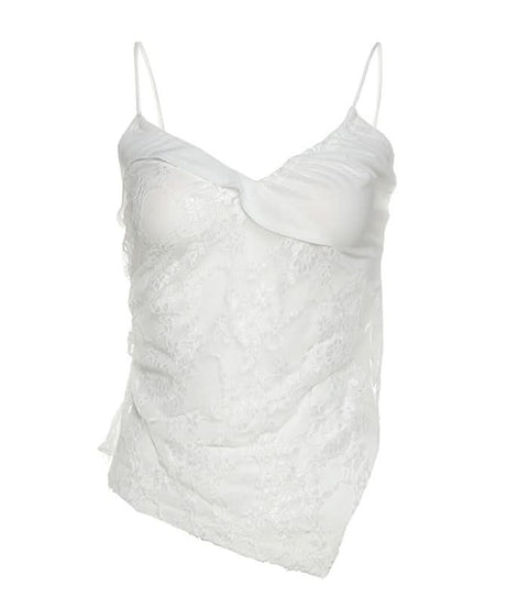 Dreamy White Lace & Satin Cami Top - Sheer V-Neck, Ruched Detail for Fall & Holiday Glam