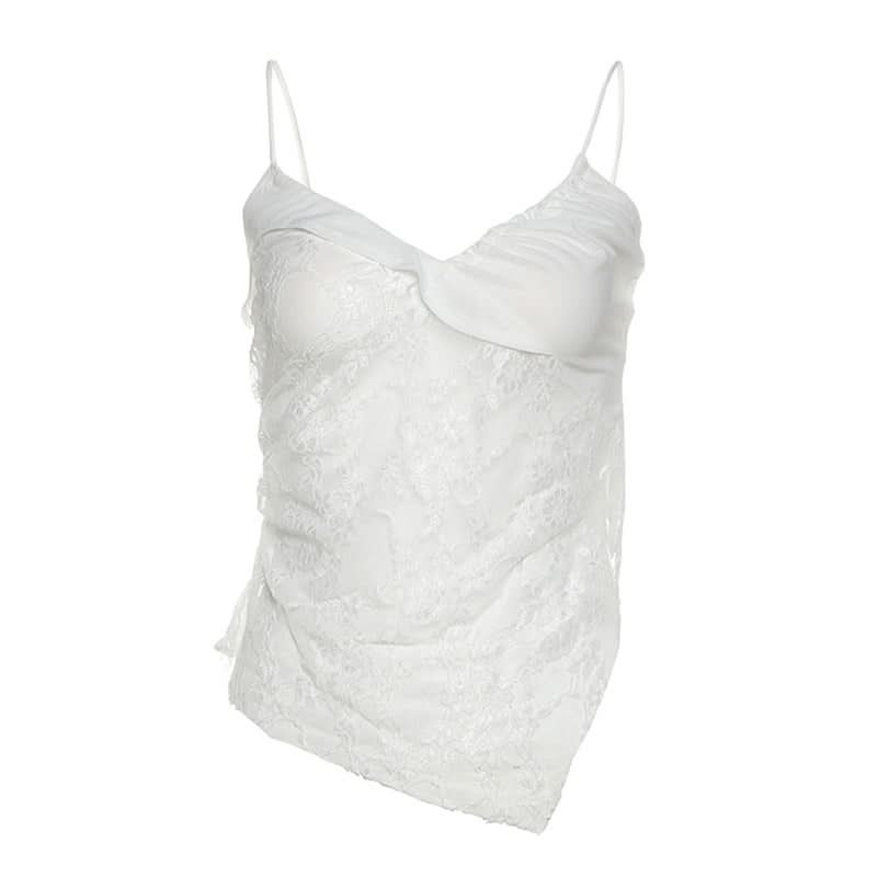 Dreamy White Lace & Satin Cami Top - Sheer V-Neck, Ruched Detail for Fall & Holiday Glam