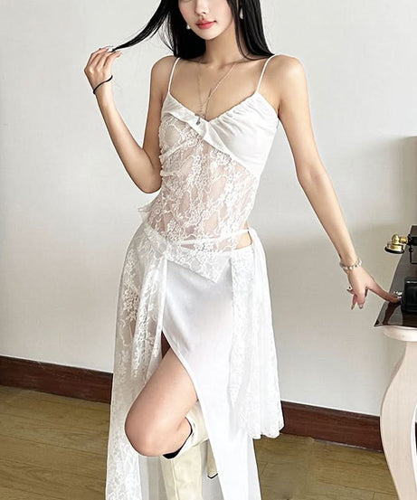 Dreamy White Lace & Satin Cami Top - Sheer V-Neck, Ruched Detail for Fall & Holiday Glam