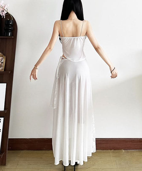 Dreamy White Lace & Satin Cami Top - Sheer V-Neck, Ruched Detail for Fall & Holiday Glam