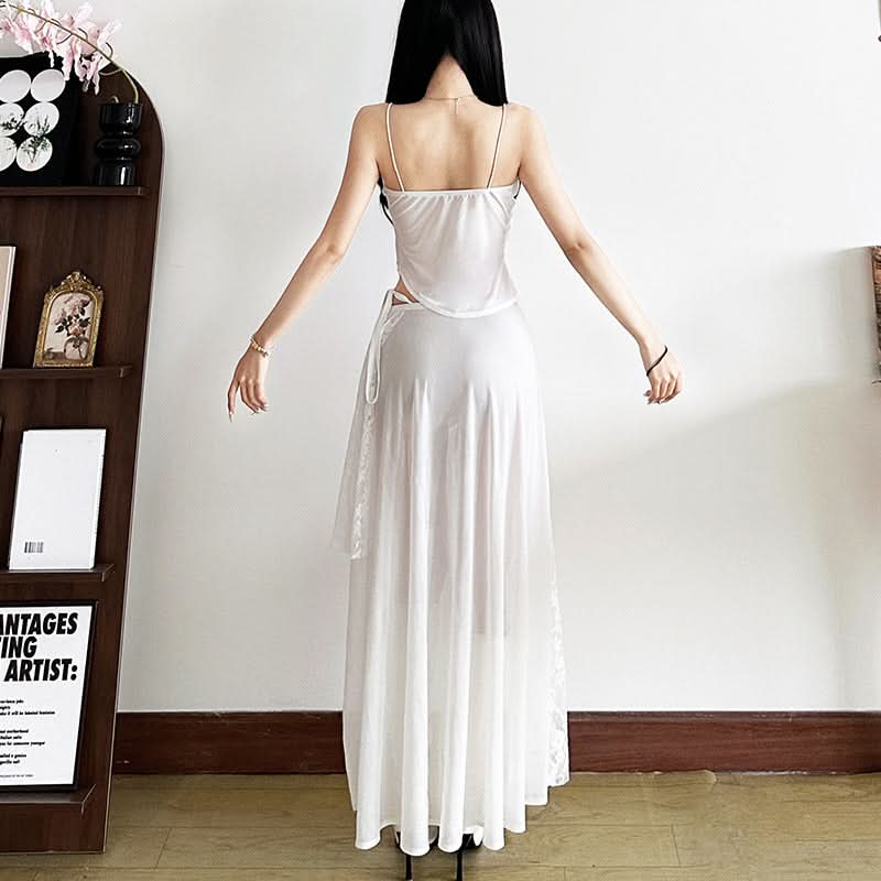 Dreamy White Lace & Satin Cami Top - Sheer V-Neck, Ruched Detail for Fall & Holiday Glam