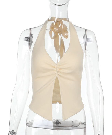 Chic Ruched Halter Slit Top | V-Neck Fall Essential & Getaway Ready