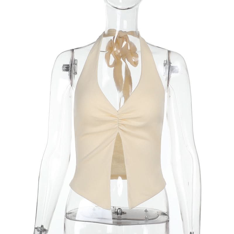 Chic Ruched Halter Slit Top | V-Neck Fall Essential & Getaway Ready