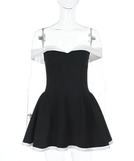 Chic Off-Shoulder Black & White Skater Mini Dress – Your Fall Party & Date Night Essential